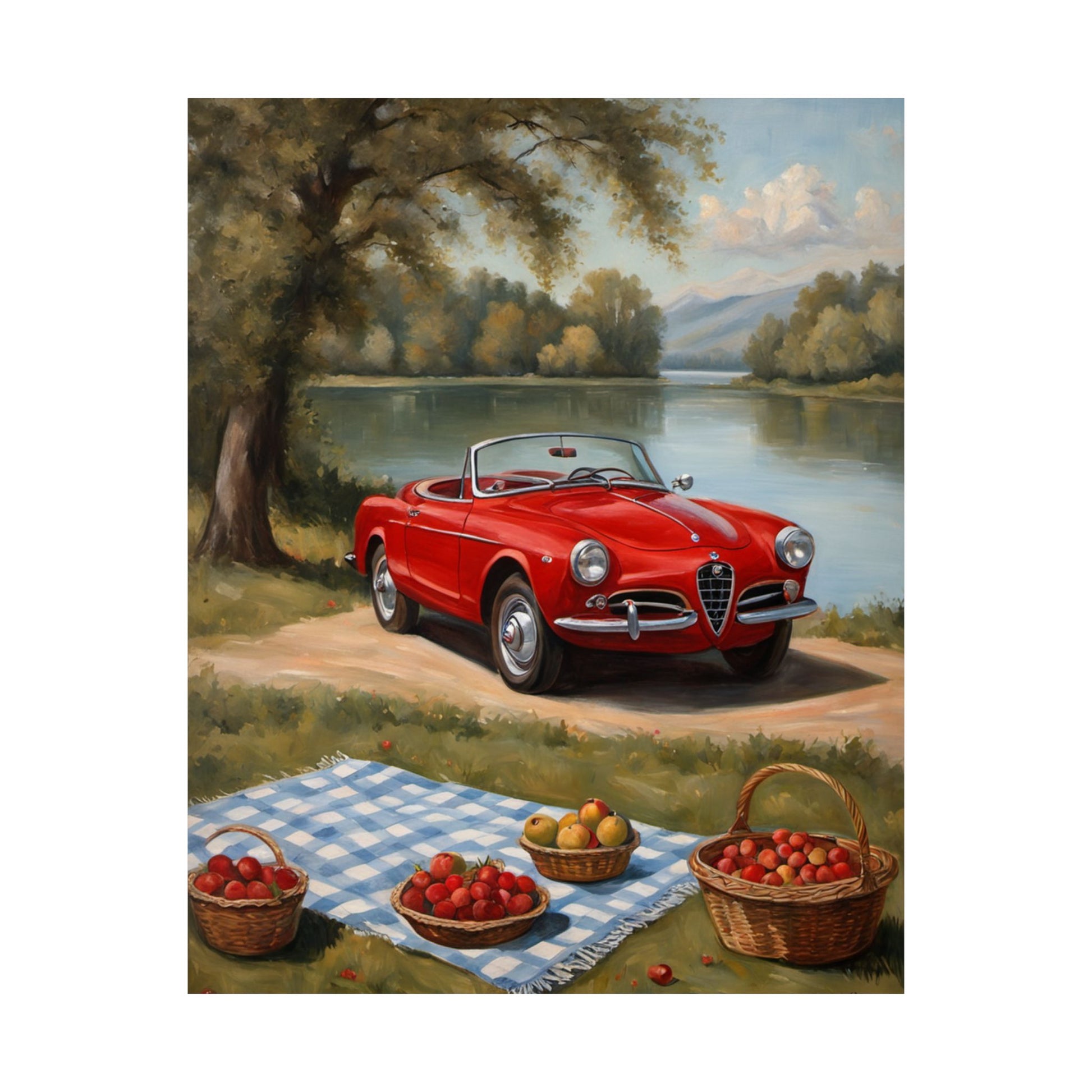 Vintage Car Art Print featuring a red convertible by a lake with picnic baskets and fruit
