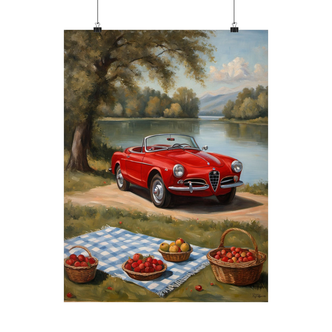 Vintage Car Art Print featuring a red car parked by a scenic river with picnic baskets