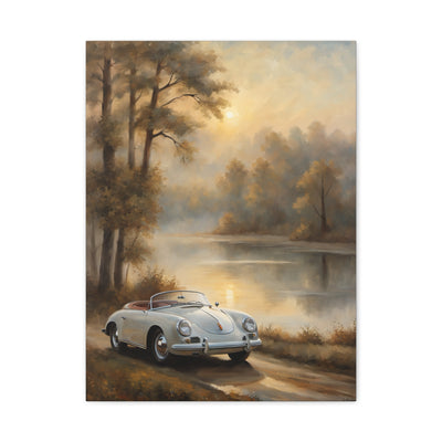Vintage car art print featuring a classic convertible by a serene lakeside at sunset