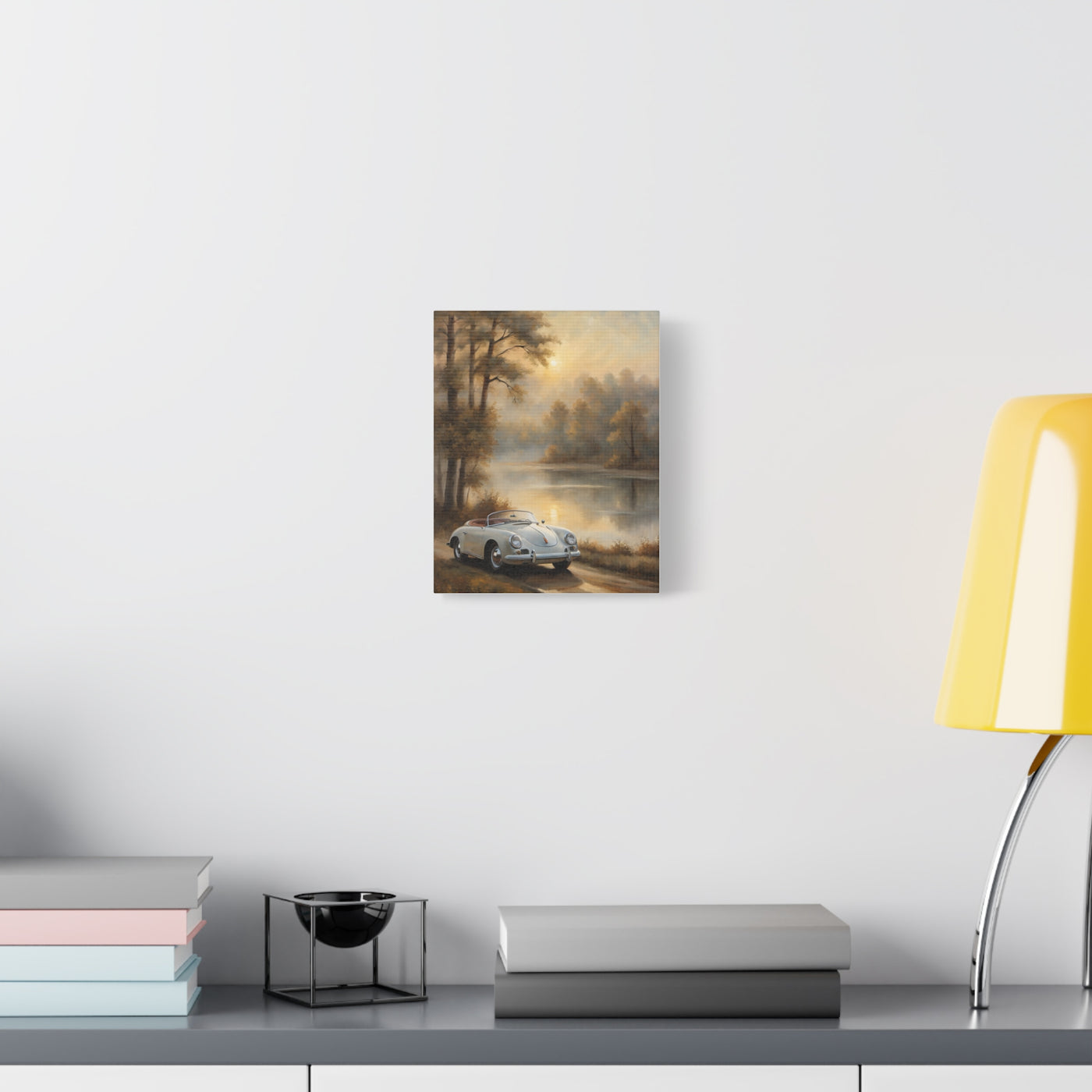 Vintage car art print featuring a classic car by a serene lake with trees in the background