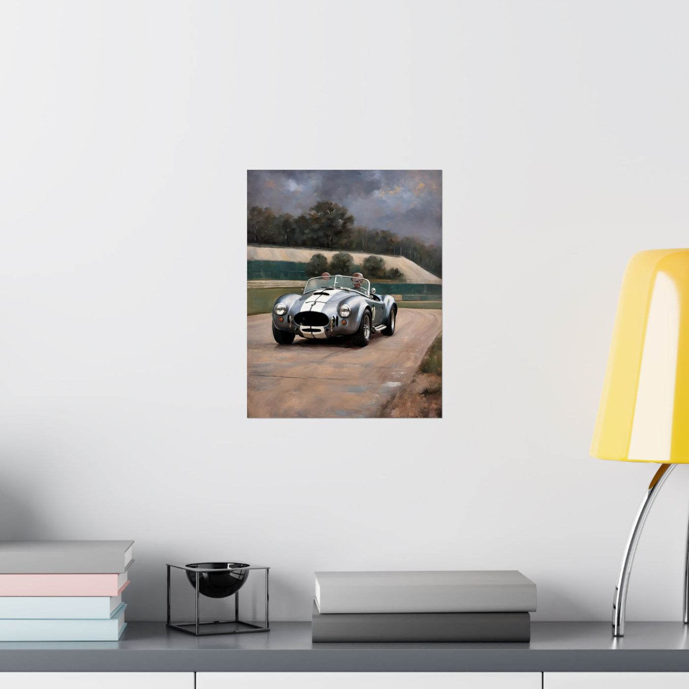 Vintage Car Art Print featuring a classic racing car on a scenic road with two drivers