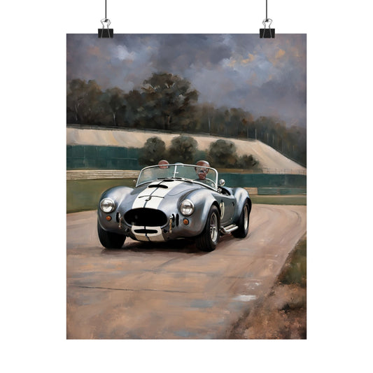Vintage Car Art Print featuring a classic silver sports car on a race track