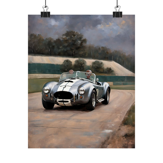 Vintage Car Art Print featuring a silver vintage racing car on a scenic track