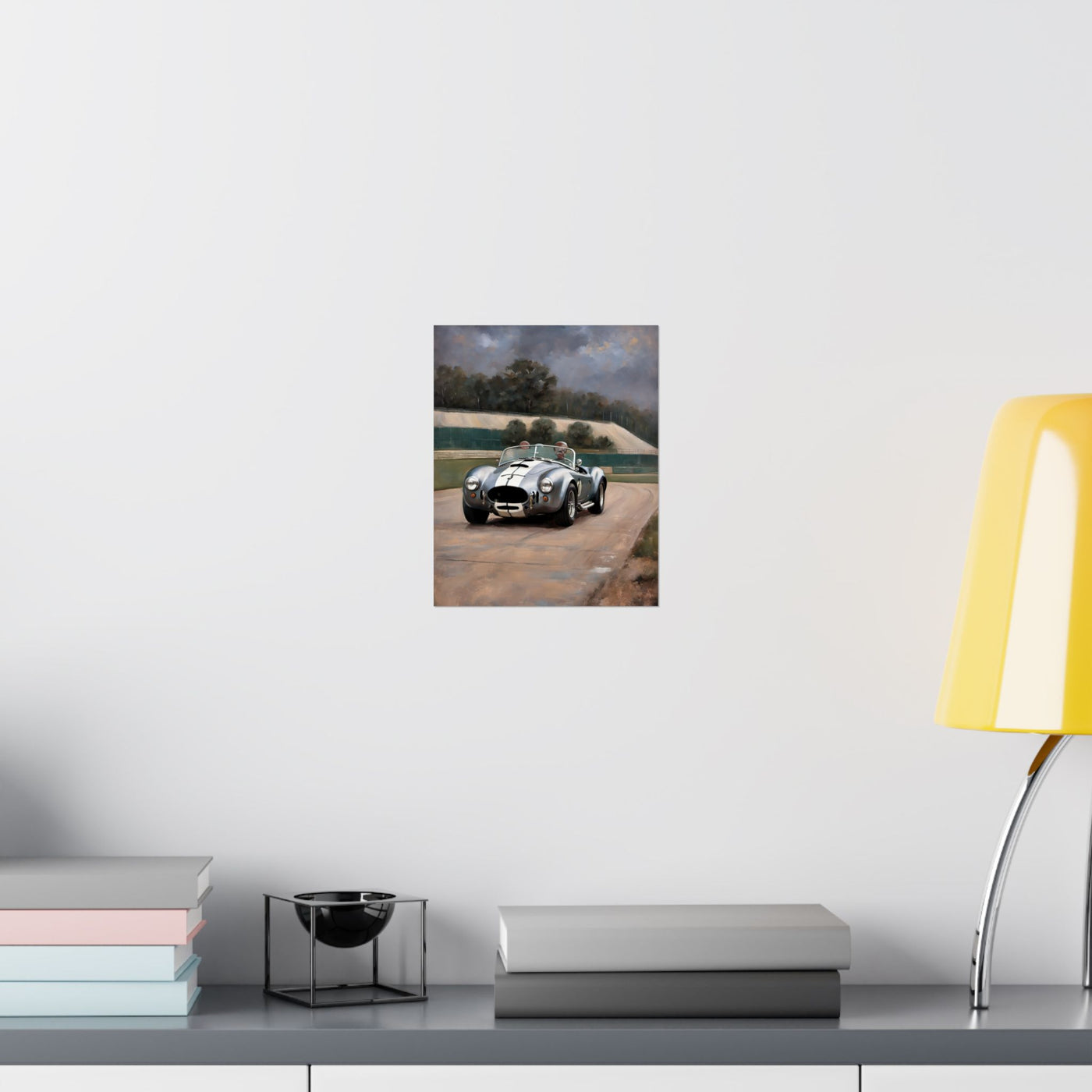 Vintage Car Art Print featuring a classic car on a scenic race track decor for home or office