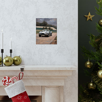 Vintage Car Art Print displayed above a mantel with holiday decorations and a Christmas tree