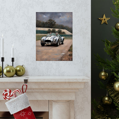 Vintage Car Art Print of a Classic Sports Car on a Scenic Track, Perfect for Home Decoration