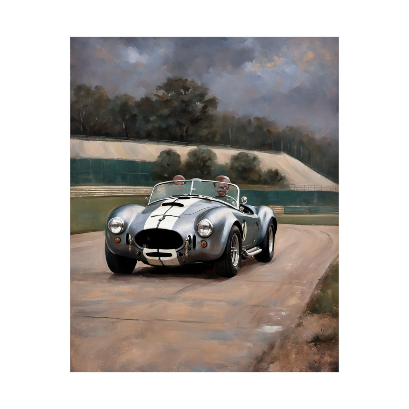 Vintage Car Art Print featuring a classic silver sports car on a scenic racetrack