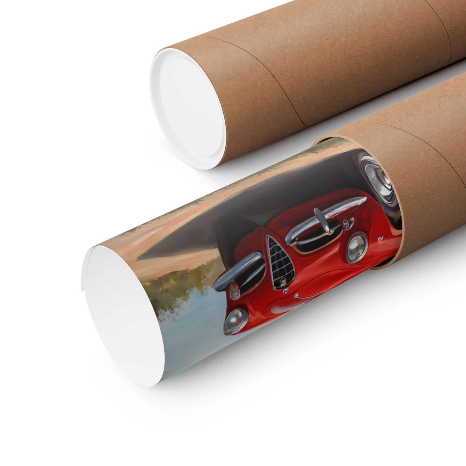 Vintage Car Art Print rolled in a protective tube, showcasing classic automotive design