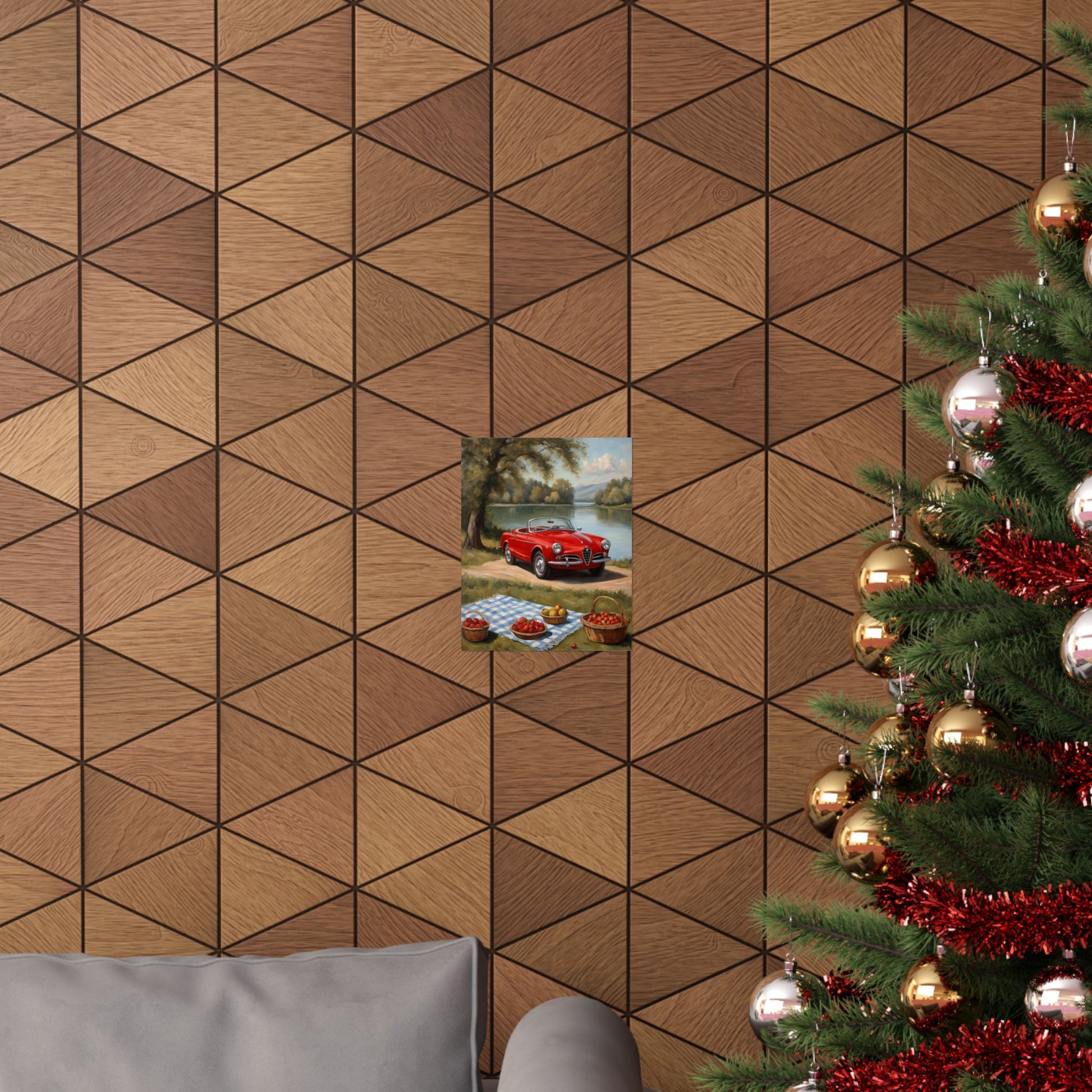 Vintage Car Art Print displayed on a geometric patterned wall in a cozy living room setting