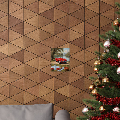 Vintage Car Art Print displayed on a geometric patterned wall in a cozy living room setting
