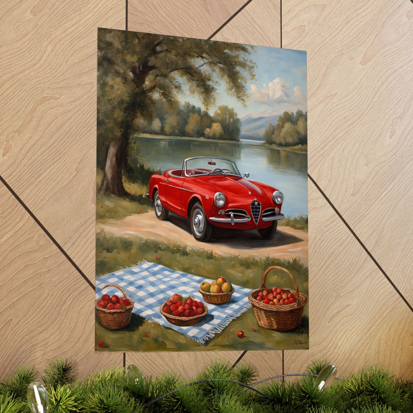 Vintage Car Art Print featuring a red convertible by a scenic river with a picnic setup