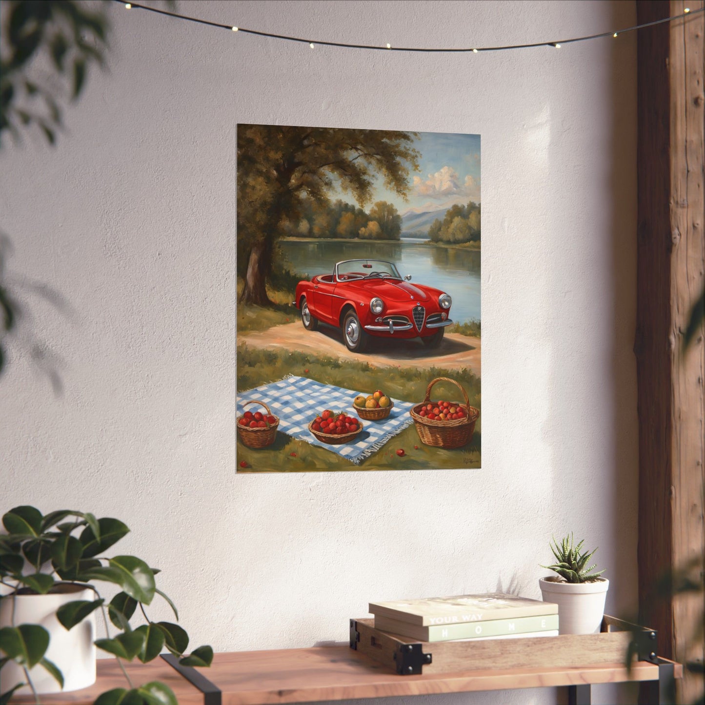 Vintage Car Art Print featuring a red convertible by a lake with picnic baskets and a scenic backdrop