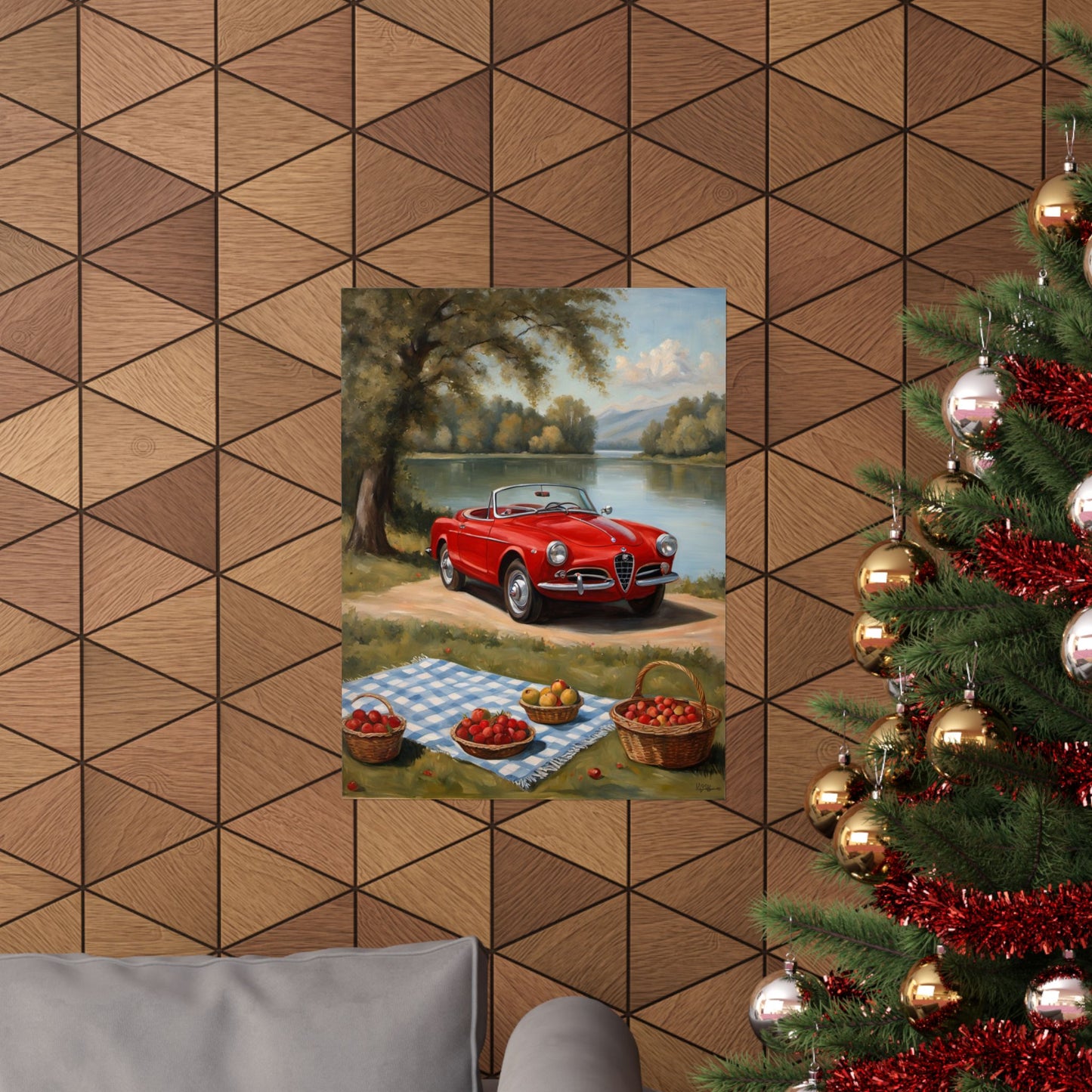 Vintage Car Art Print featuring a red convertible parked near a picnic by the lake