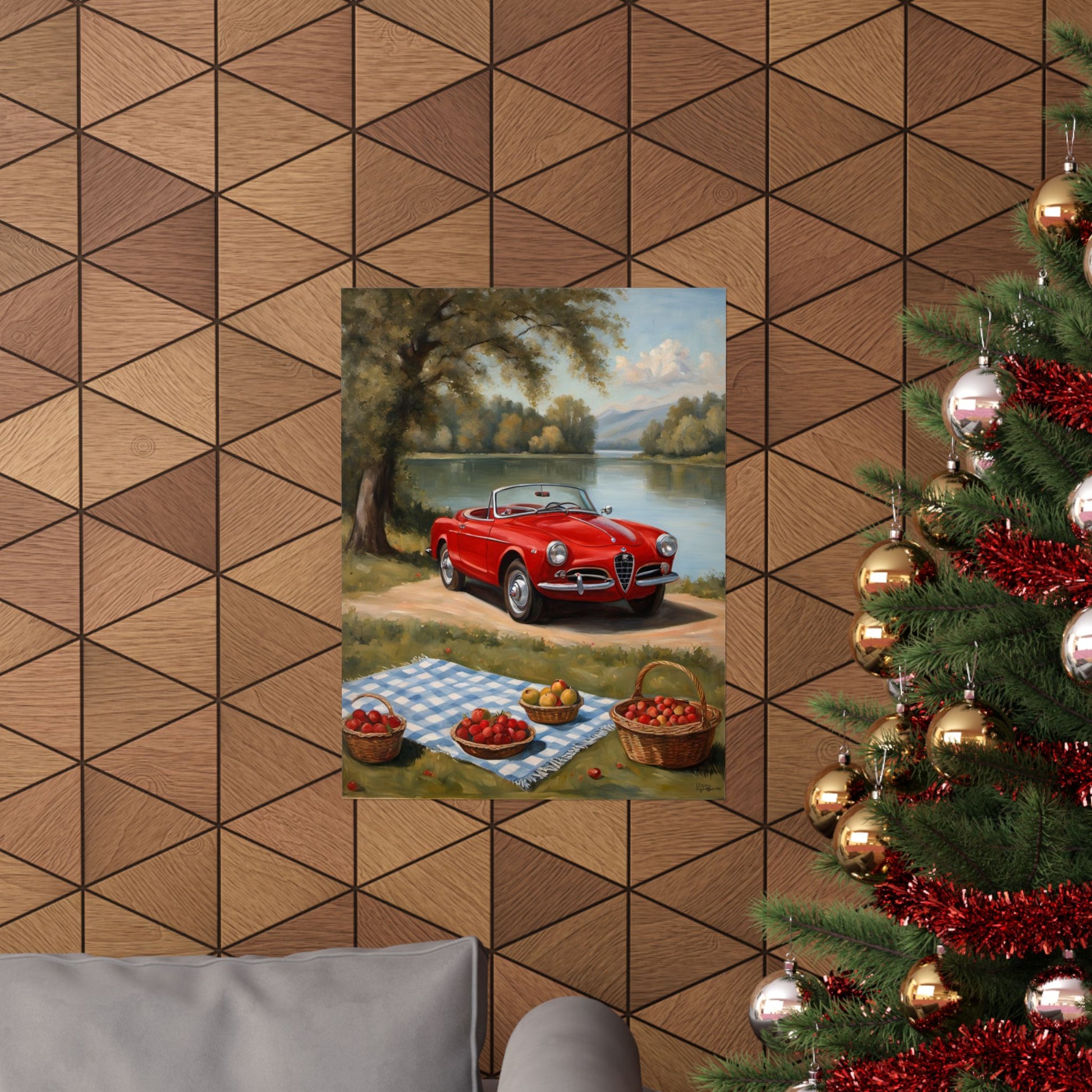 Vintage Car Art Print featuring a red convertible parked near a picnic by the lake