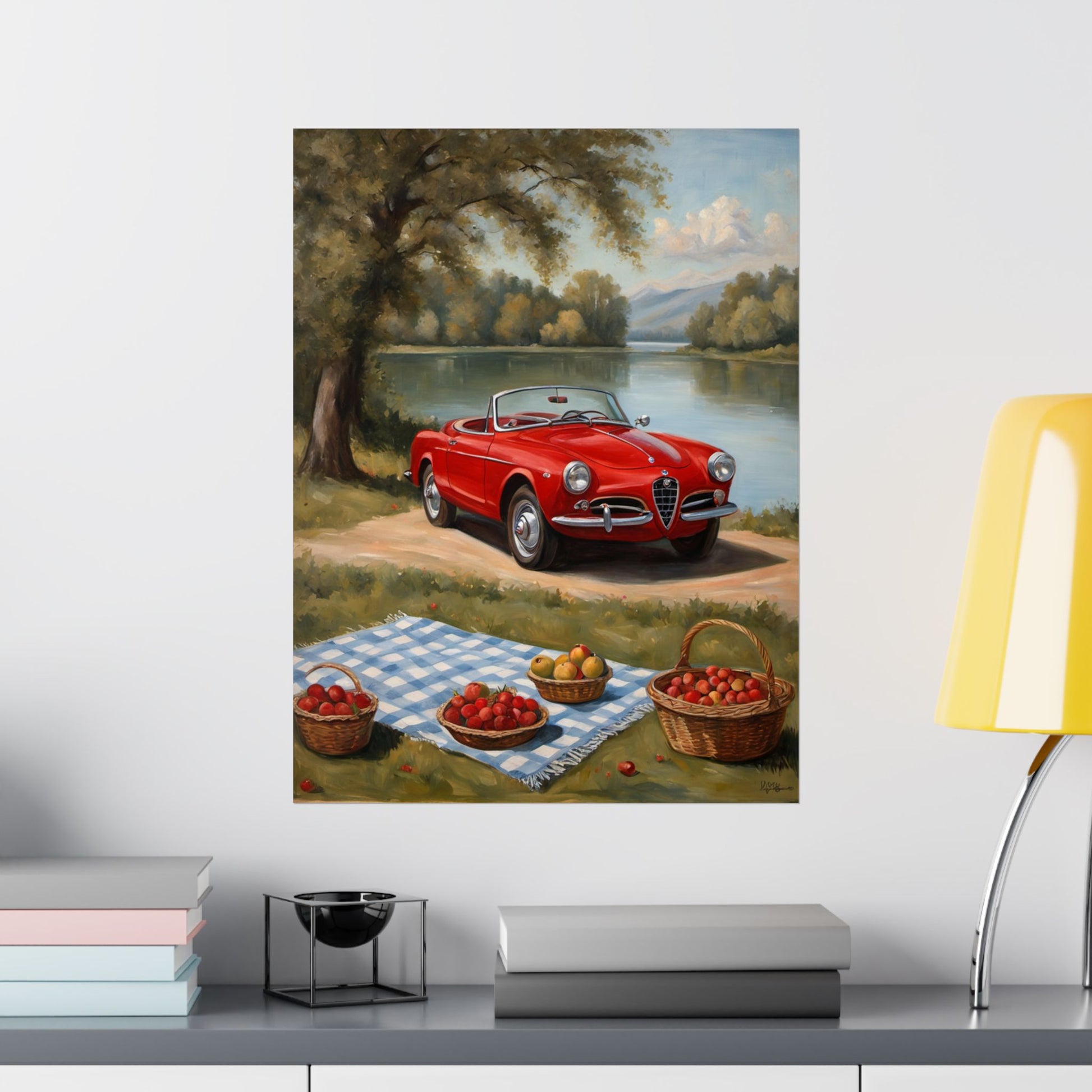Vintage Car Art Print featuring a red convertible by a lake with a picnic scene