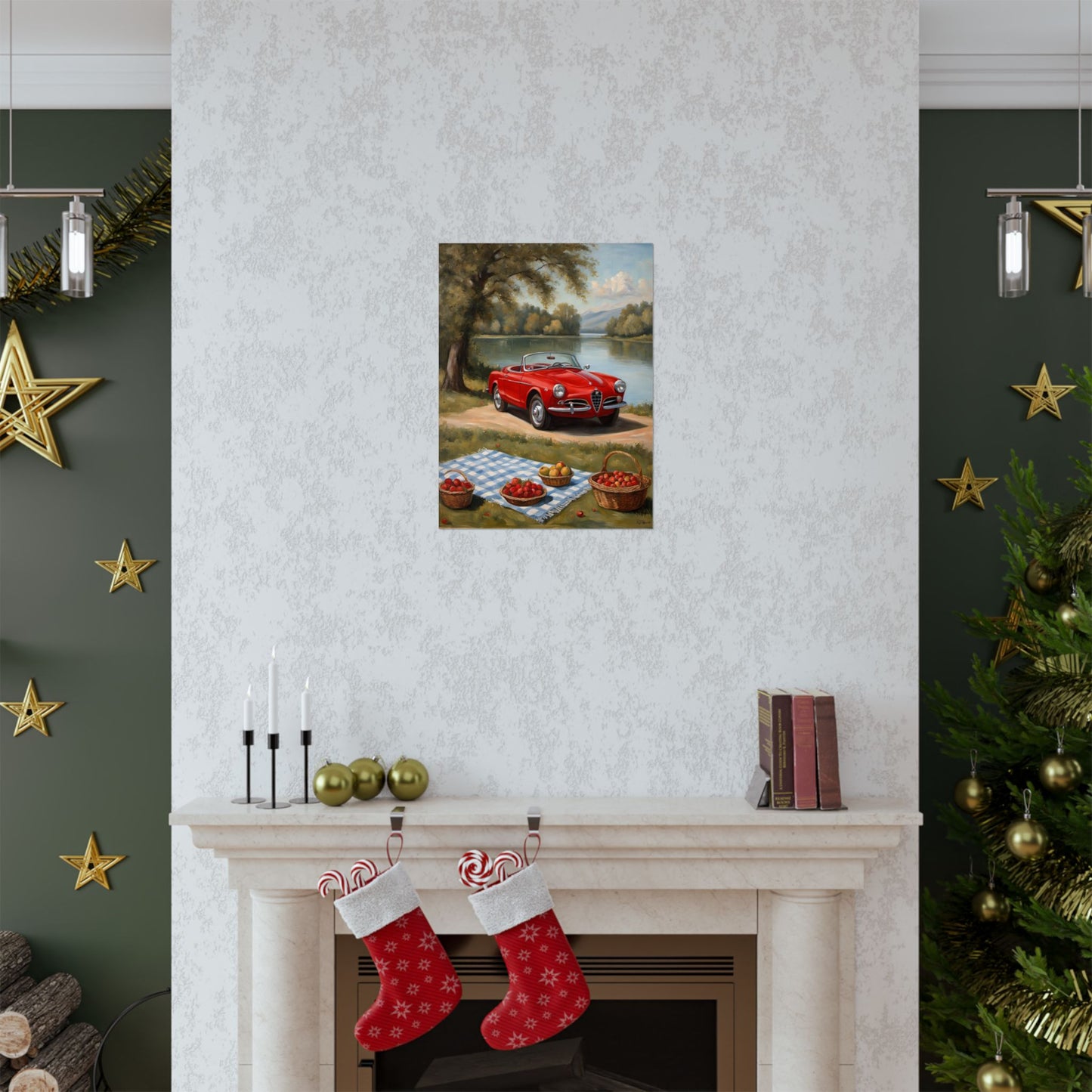 Vintage Car Art Print displayed above a cozy fireplace, surrounded by festive decorations
