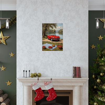 Vintage Car Art Print displayed above a cozy fireplace, surrounded by festive decorations