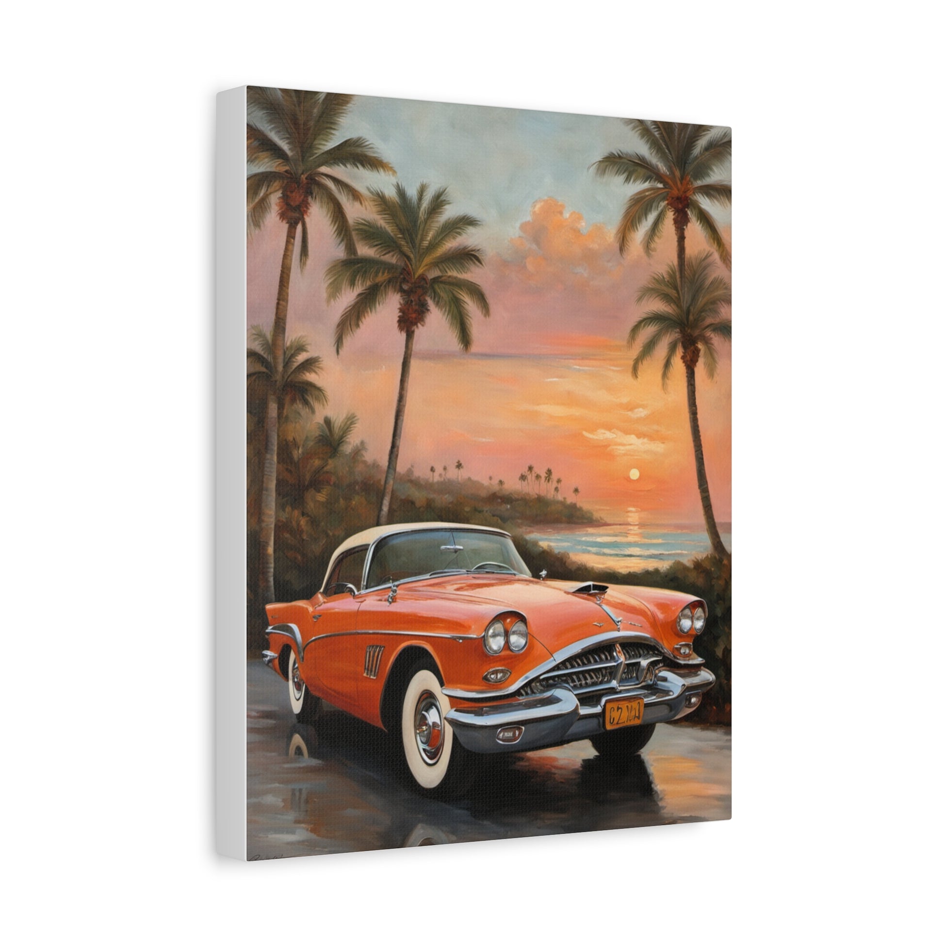 Vintage Car Artwork Canvas Print featuring a classic orange car against a tropical sunset backdrop