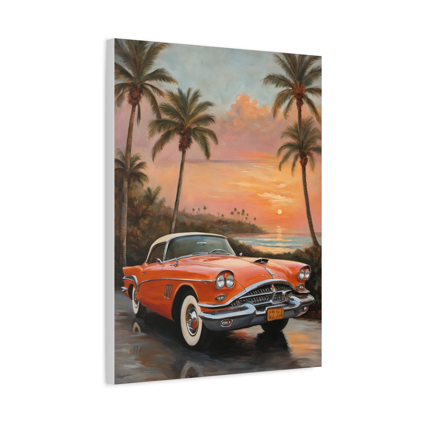 Vintage Car Artwork Canvas Print featuring an orange classic car with palm trees at sunset