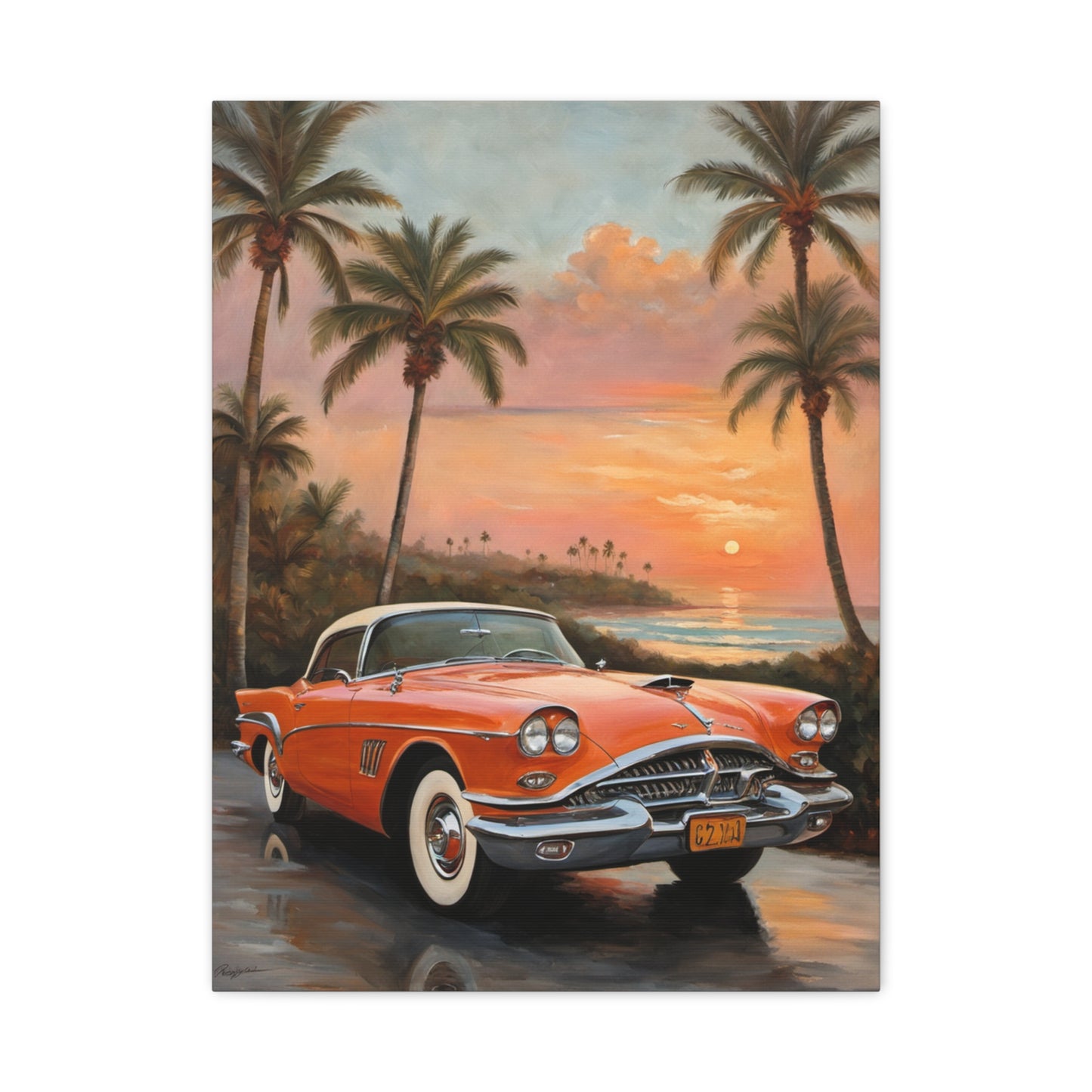 Vintage Car Artwork Canvas Print featuring a retro orange car against a tropical sunset backdrop