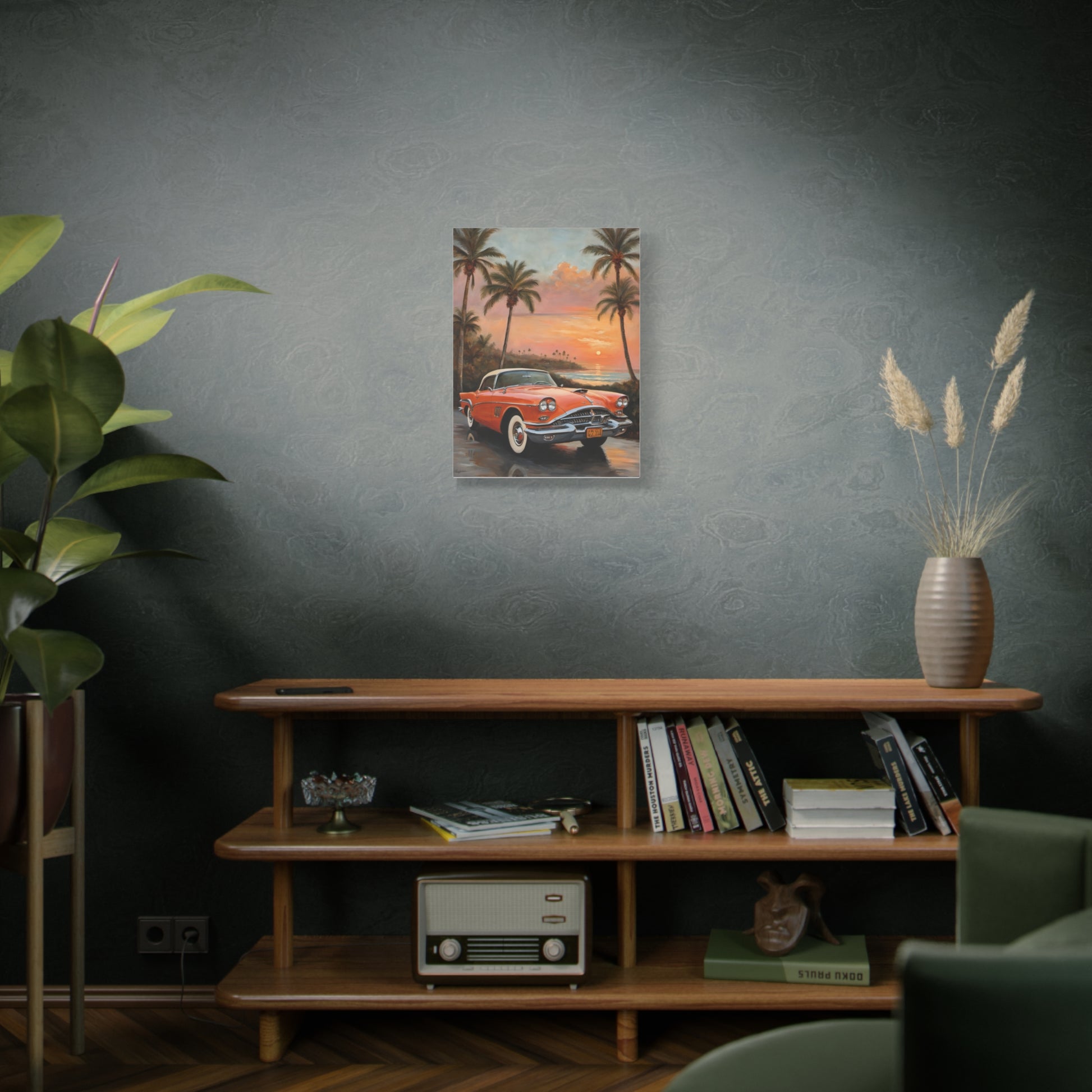 Vintage Car Artwork Canvas Print featuring a classic car with palm trees and sunset backdrop