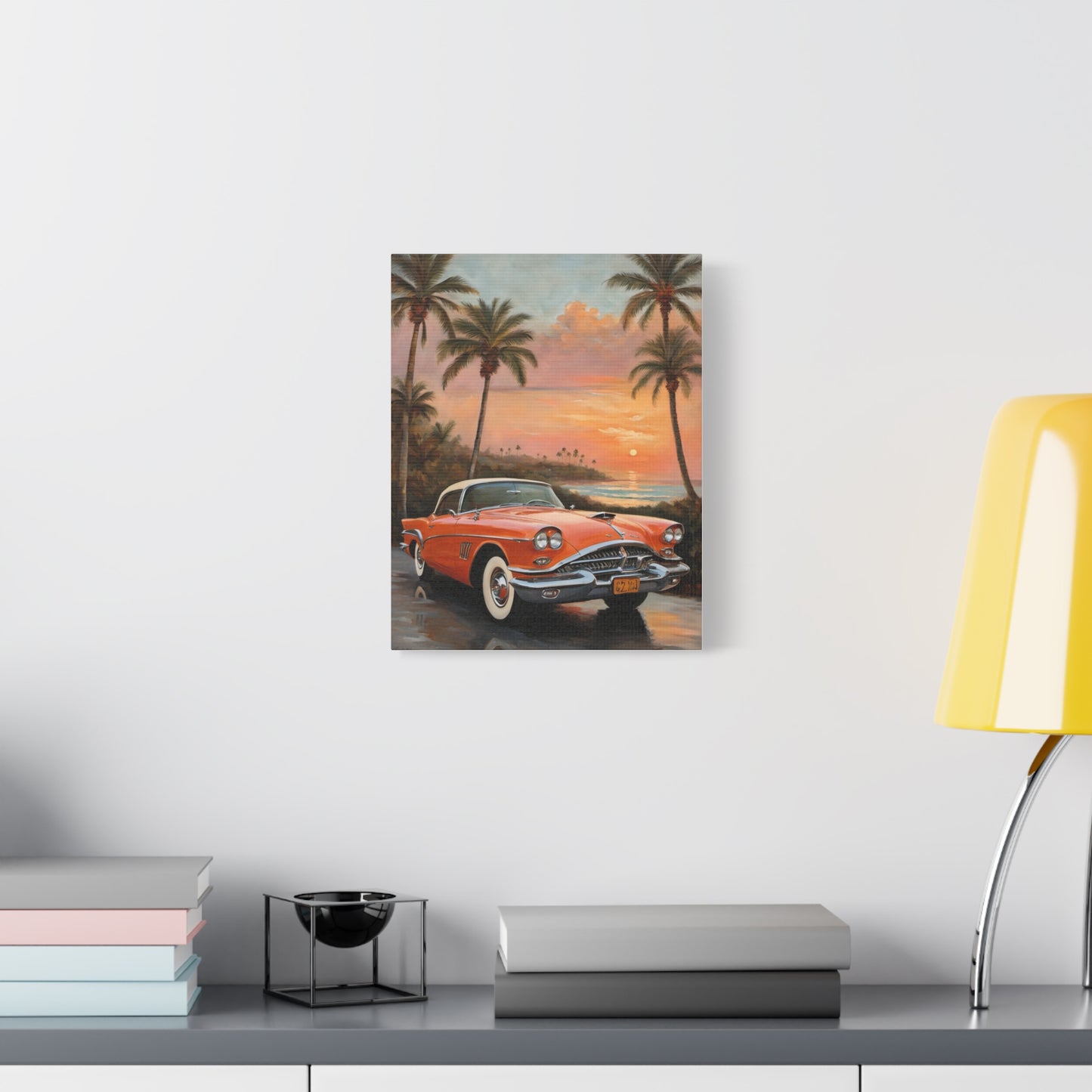 Vintage Car Artwork Canvas Print featuring a nostalgic car against a sunset backdrop with palm trees