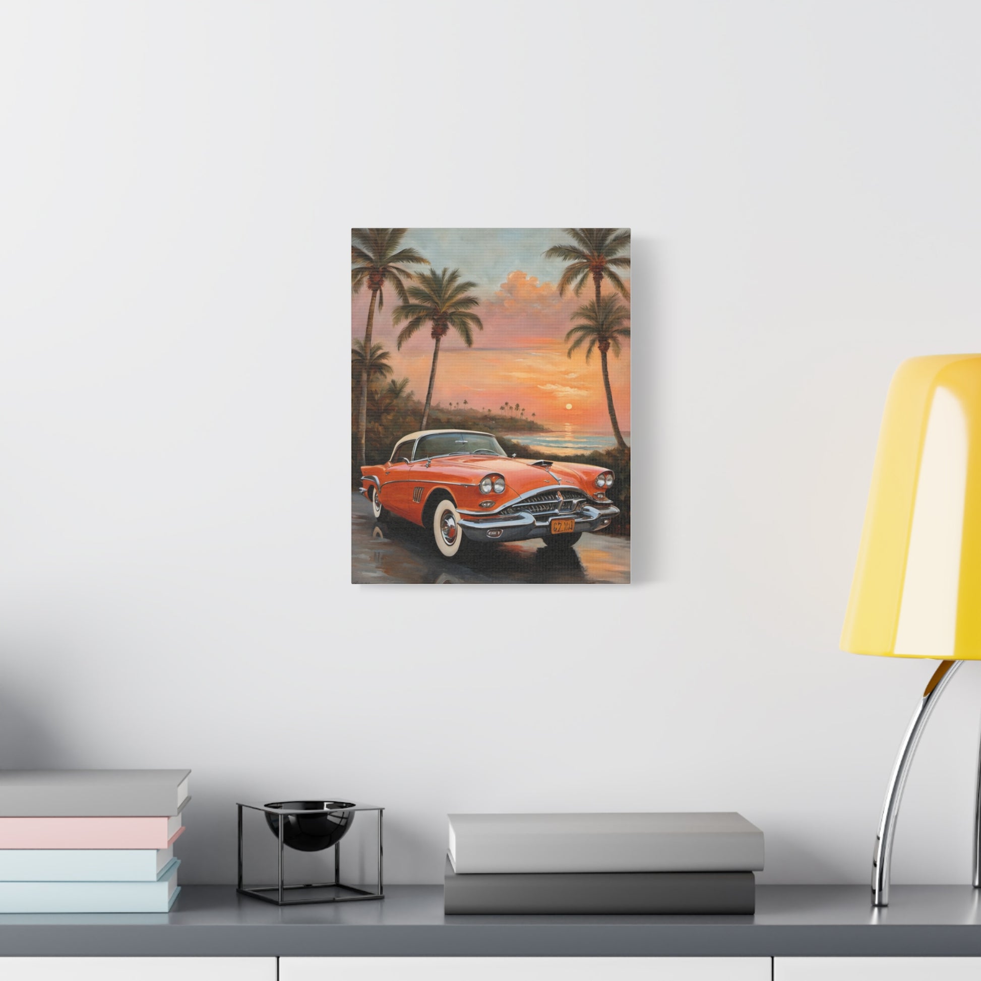 Vintage Car Artwork Canvas Print featuring a nostalgic car against a sunset backdrop with palm trees