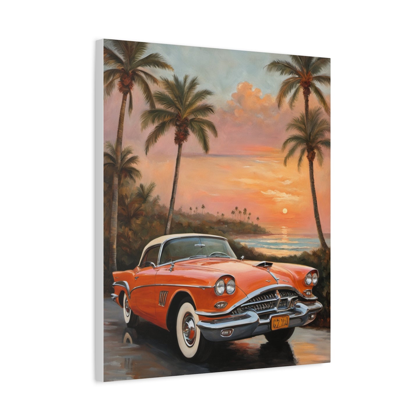 Vintage Car Artwork Canvas Print featuring an orange classic car against a sunset backdrop with palm trees