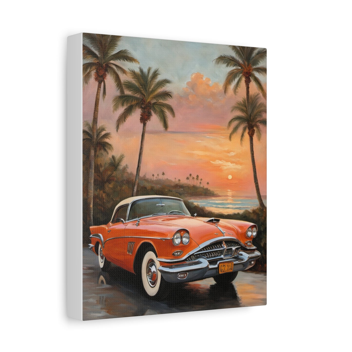 Vintage Car Artwork Canvas Print featuring an orange classic car in a scenic sunset with palm trees
