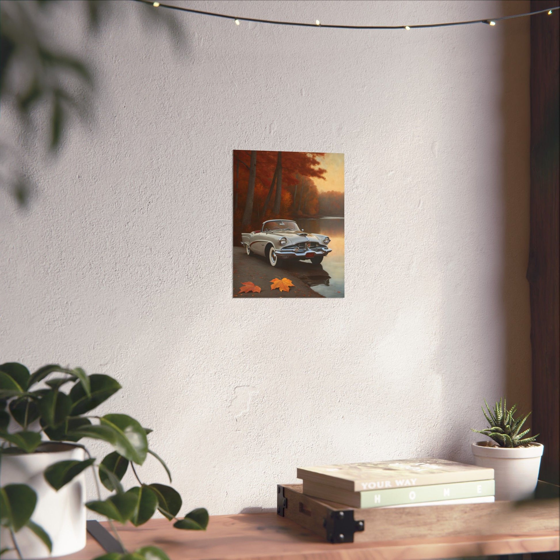 Vintage Car Autumn Matte Poster featuring a classic car amid autumn leaves and warm tones