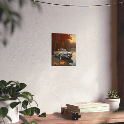 Vintage Car Autumn Matte Poster featuring a classic car amid autumn leaves and warm tones