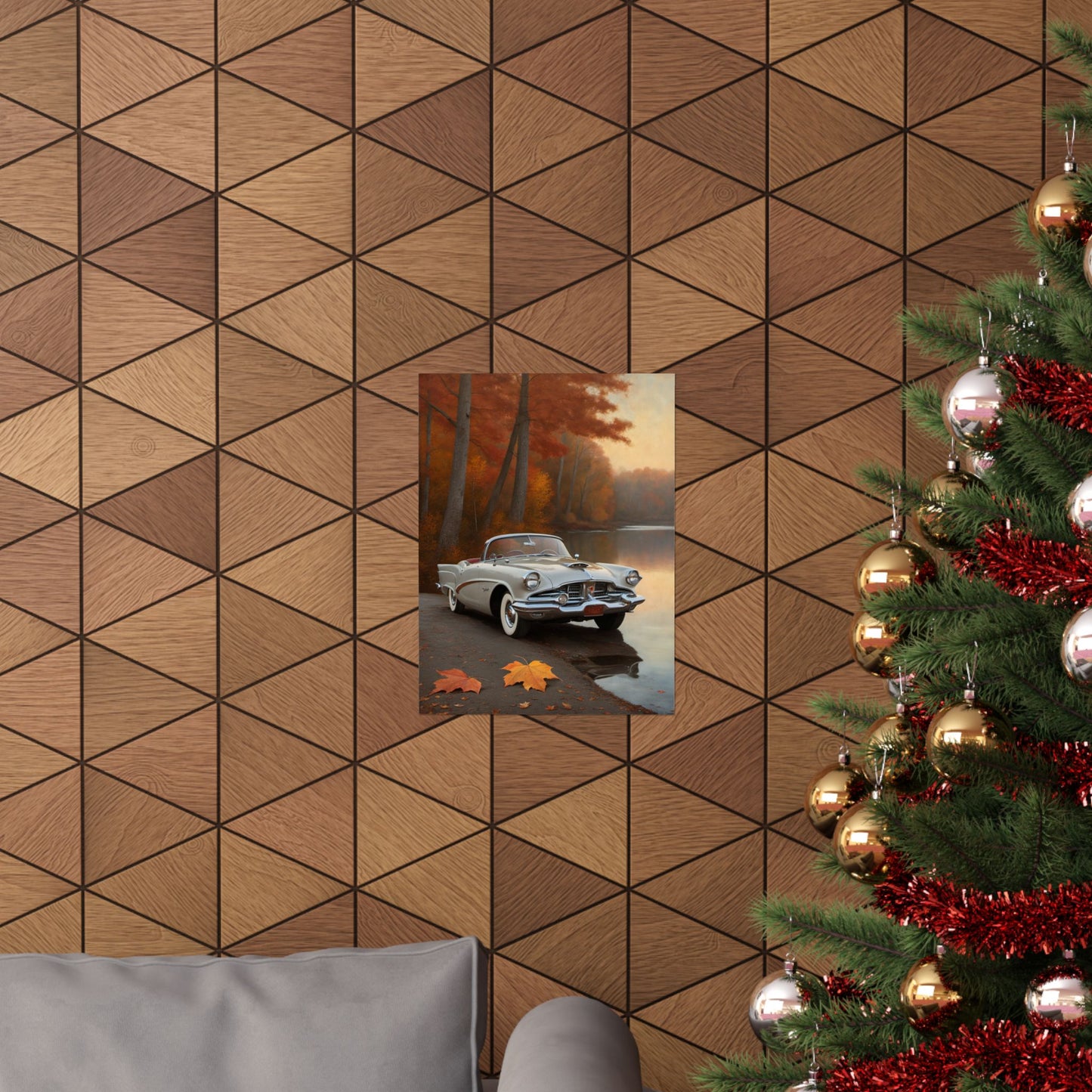 Vintage Car Autumn Matte Poster displayed on a wall with wooden geometric patterns