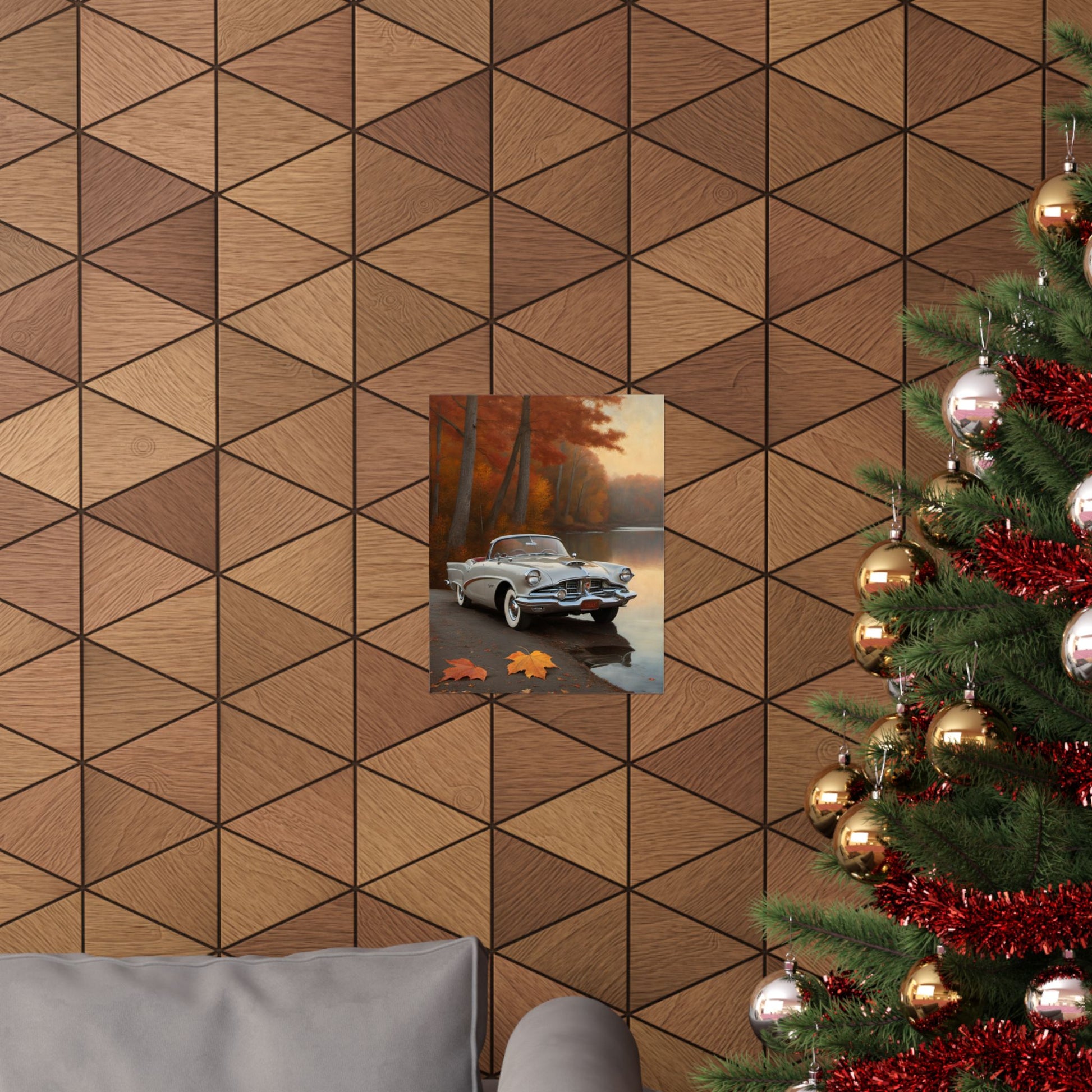Vintage Car Autumn Matte Poster displayed on a geometric wall above a cozy sofa with a Christmas tree