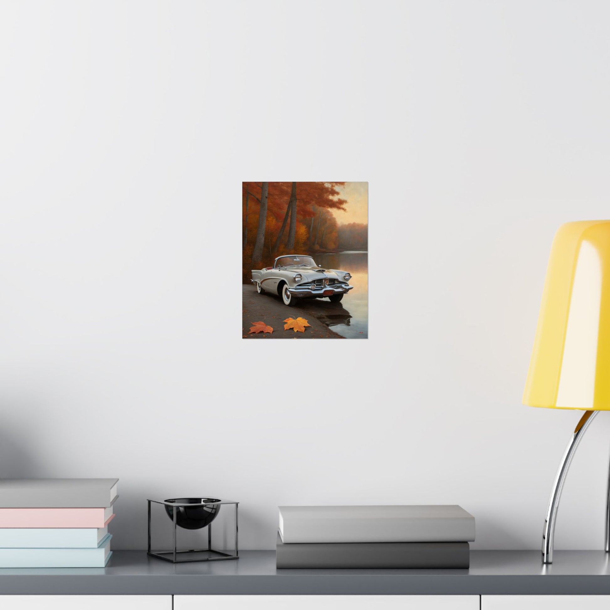 Vintage Car Autumn Matte Poster featuring a classic car by a lake surrounded by autumn leaves