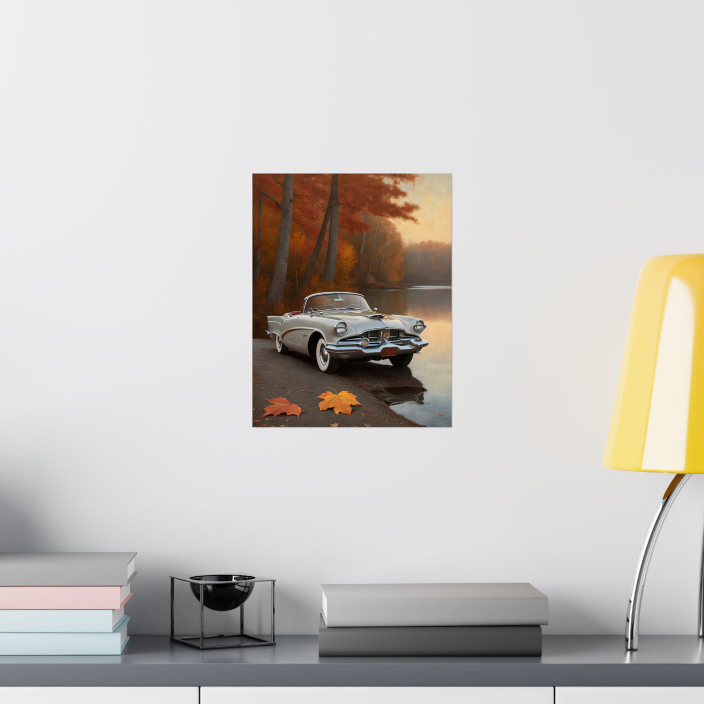 Vintage Car Autumn Matte Poster featuring a vintage car by a lake with fall foliage