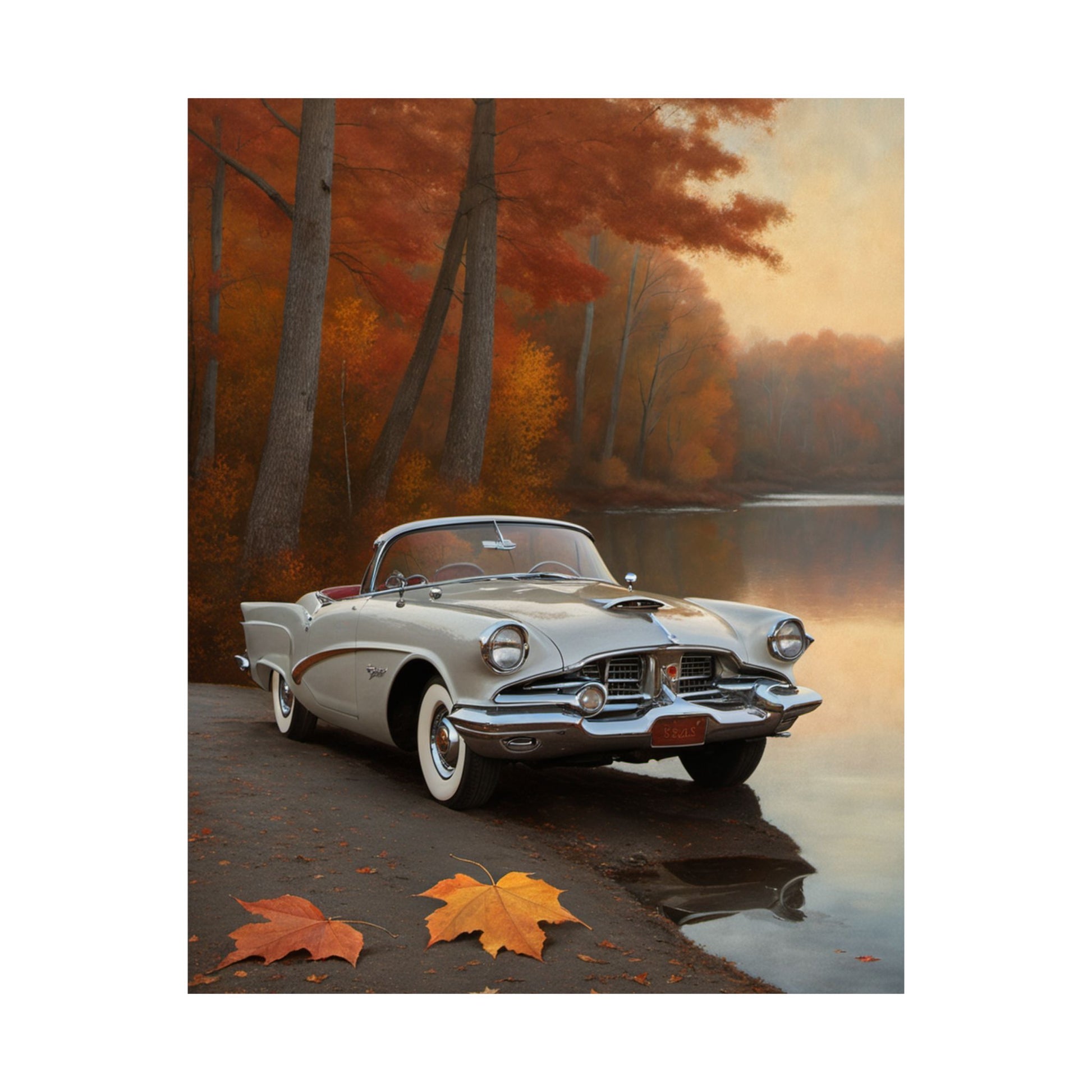 Vintage Car Autumn Matte Poster featuring a classic car by a lake surrounded by autumn foliage