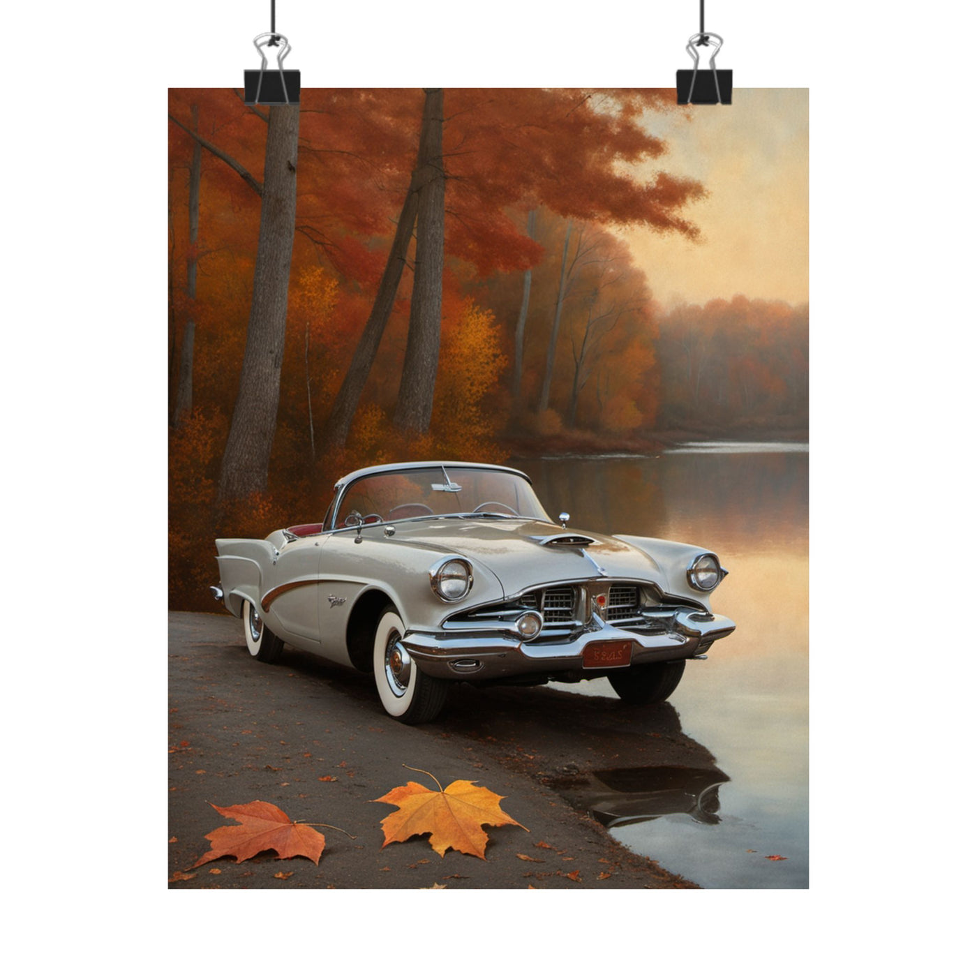 Vintage Car Autumn Matte Poster featuring a classic car near a serene lake with fall leaves