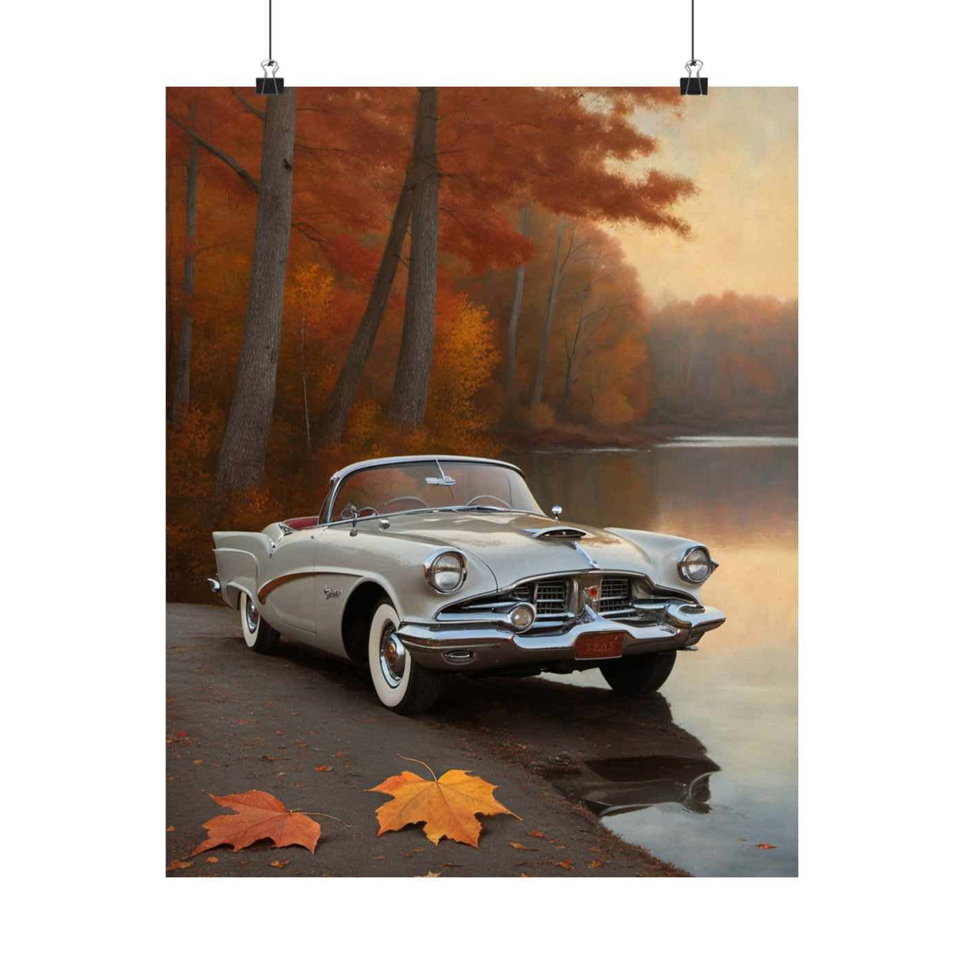 Vintage Car Autumn Matte Poster featuring a classic car by a lake surrounded by fall foliage