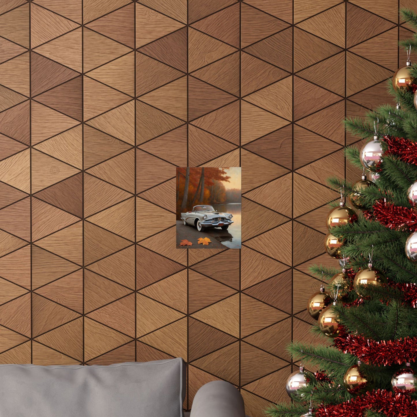 Vintage Car Autumn Matte Poster displayed on a wall with geometric patterns and holiday decor
