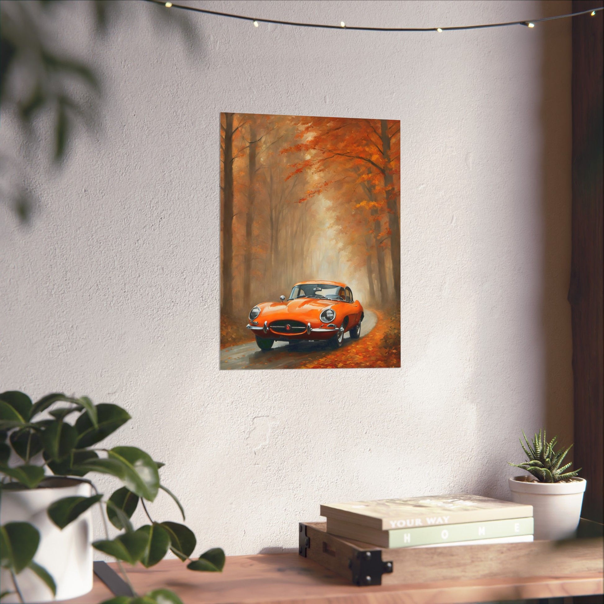 Vintage Car Autumn Matte Vertical Posters featuring an orange classic car in a scenic fall setting