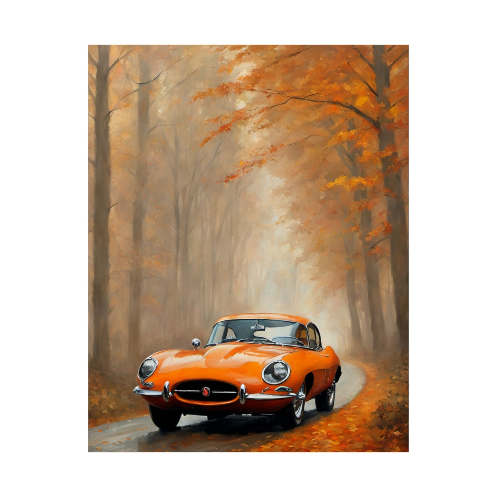 Vintage Car Autumn Matte Vertical Posters featuring an orange classic car on a tree-lined road with fall foliage