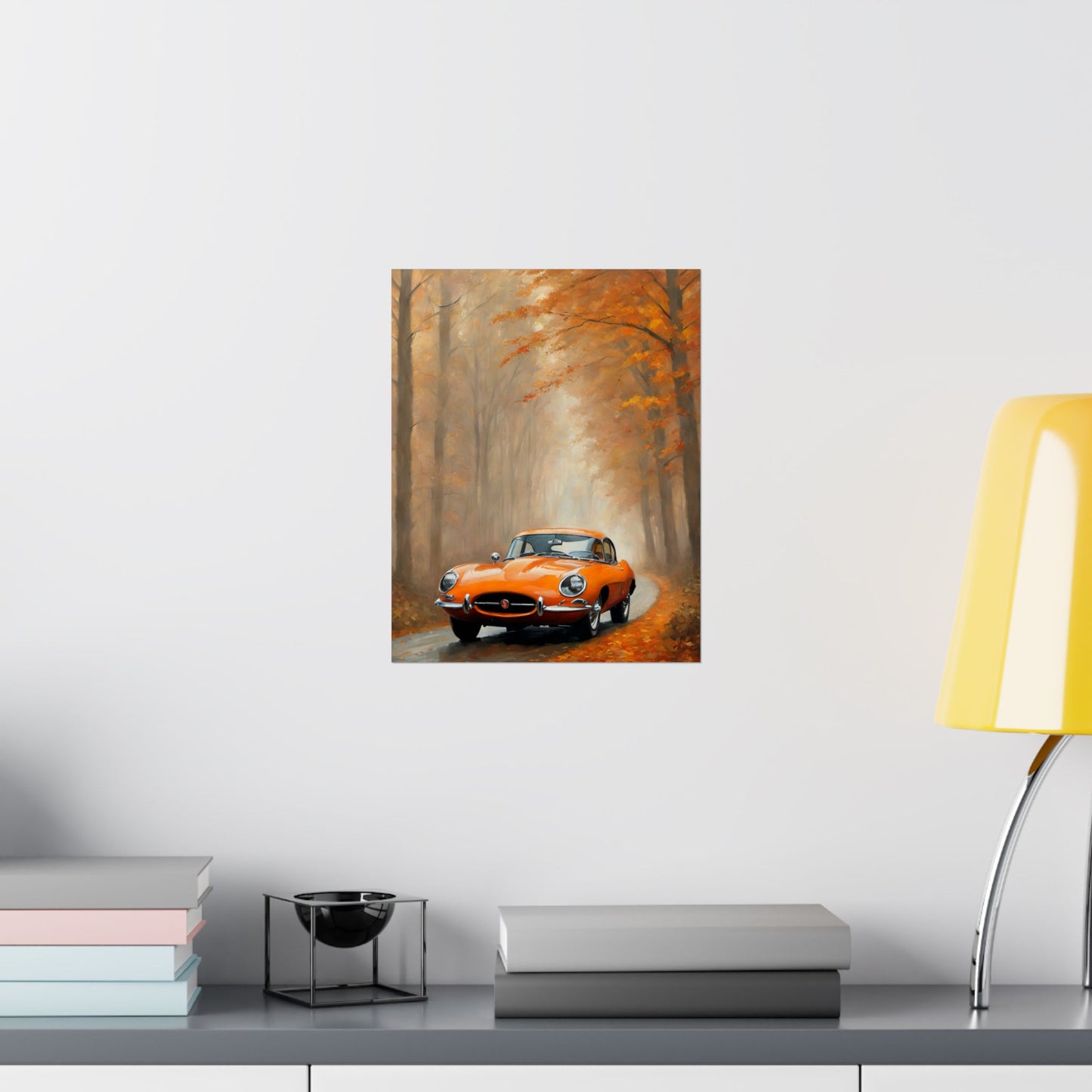 Vintage Car Autumn Matte Vertical Posters featuring an orange car on a leaf-covered path