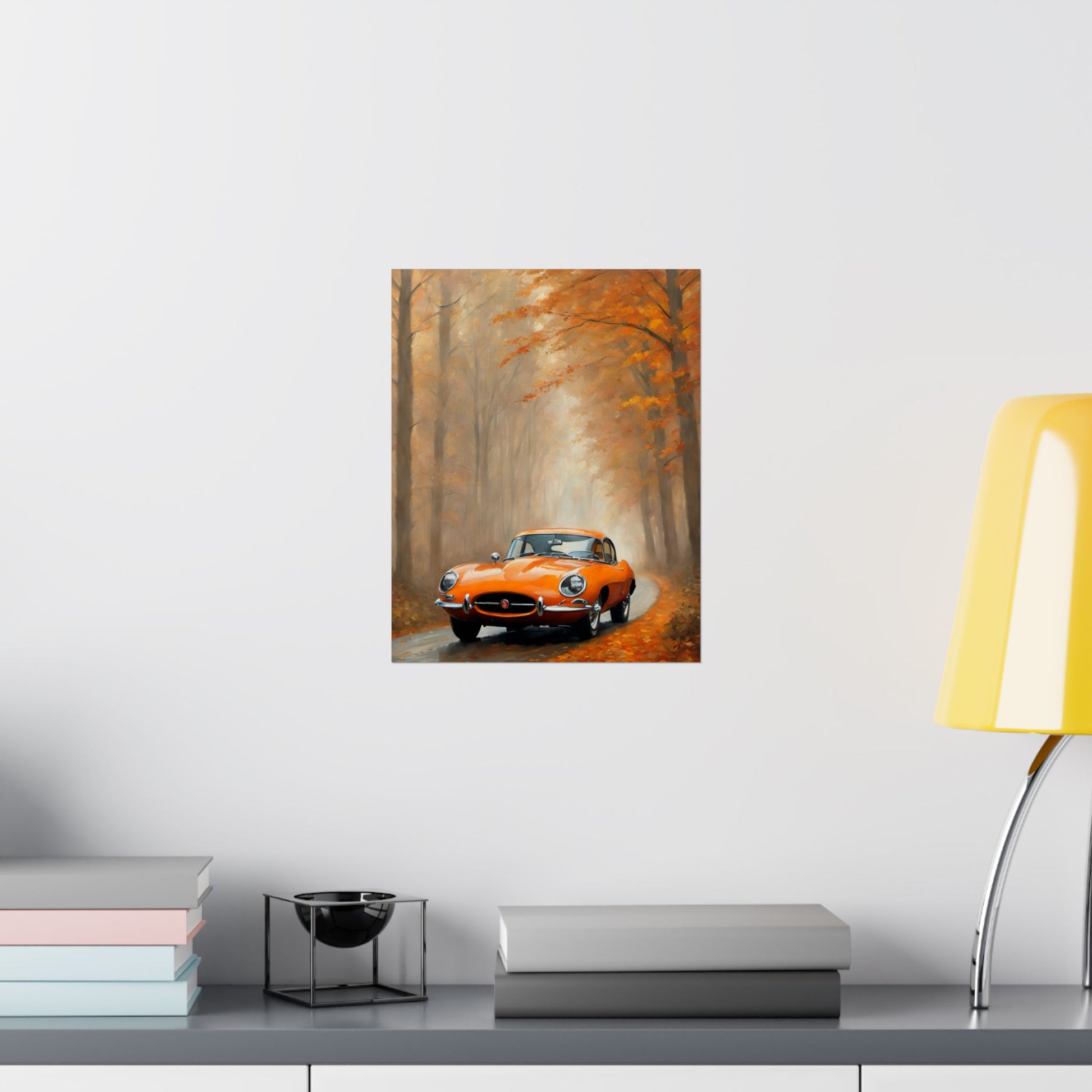 Vintage Car Autumn Matte Vertical Posters featuring an orange car on a leaf-covered path