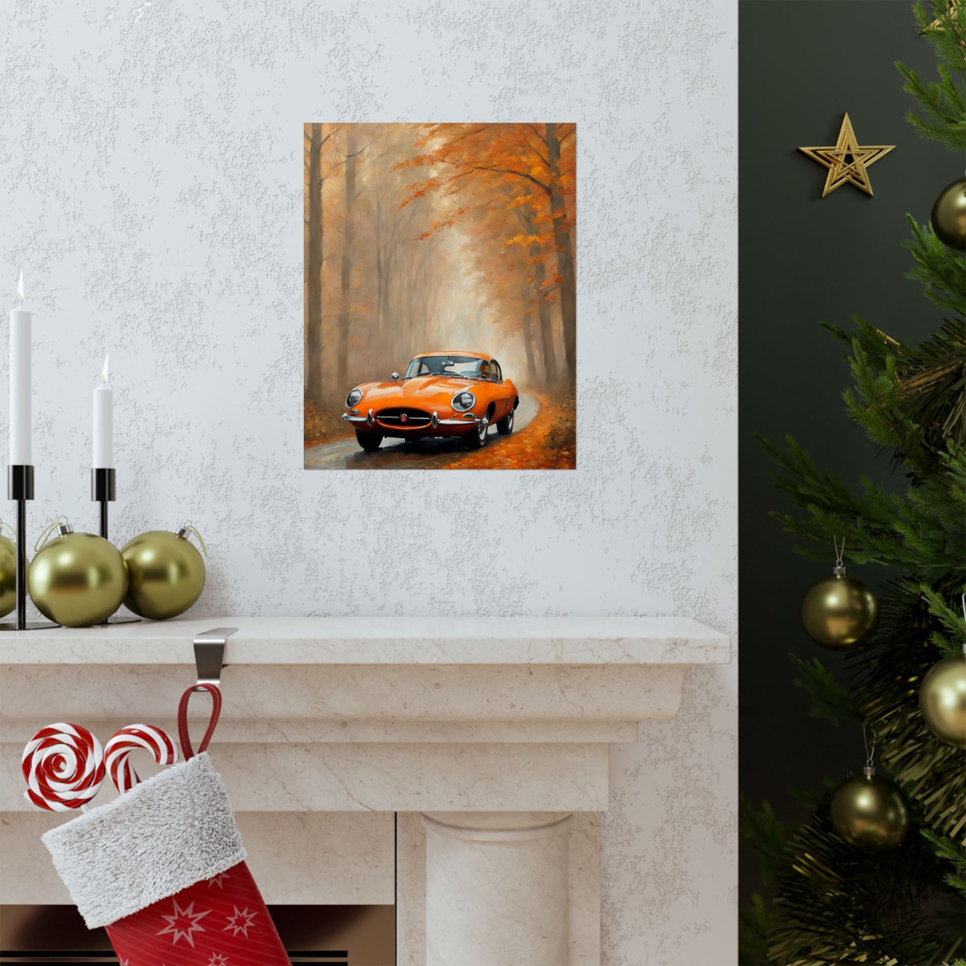 Vintage Car Autumn Matte Vertical Posters featuring a classic orange car in a fall landscape