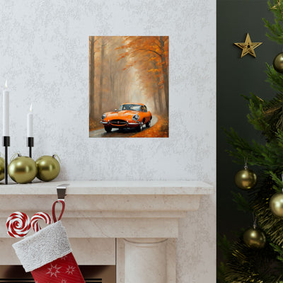 Vintage Car Autumn Matte Vertical Posters featuring a classic orange car in a fall landscape