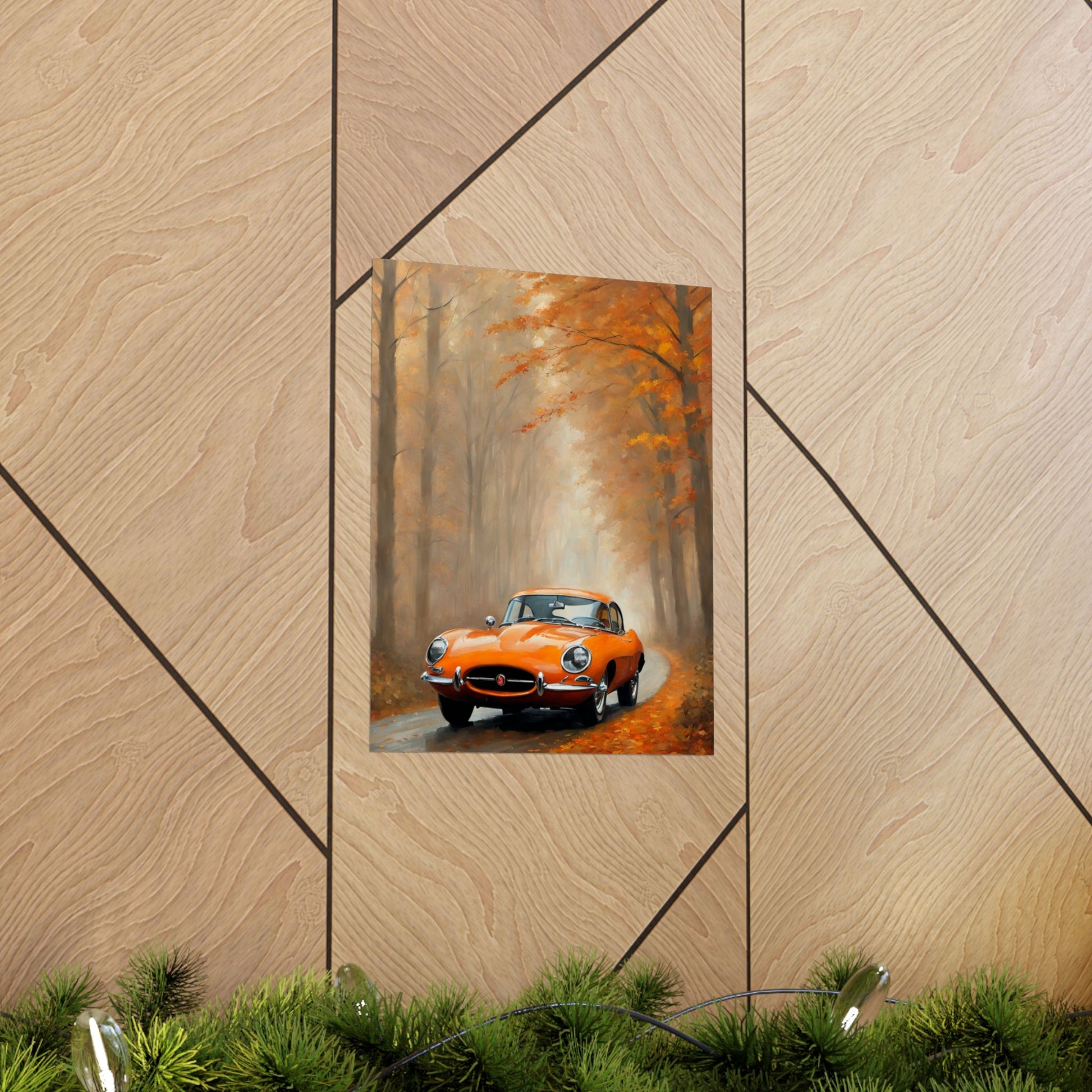 Vintage Car Autumn Matte Vertical Posters featuring an orange classic car in a fall setting