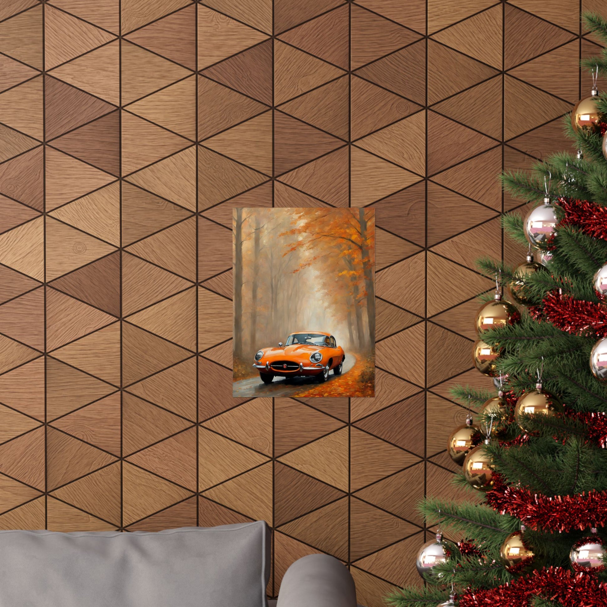 Vintage Car Autumn Matte Vertical Posters displayed on a textured wooden wall with decorative elements