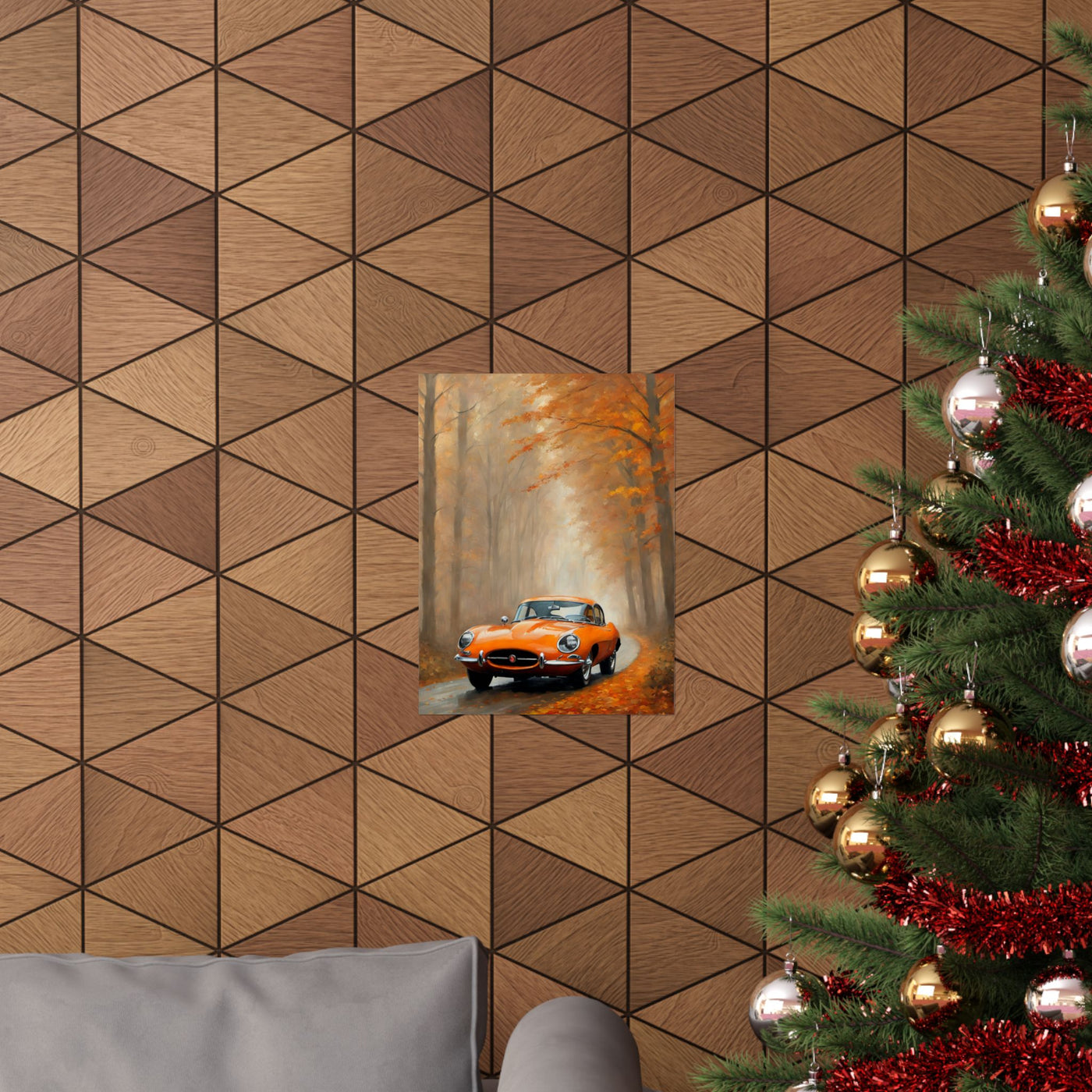 Vintage Car Autumn Matte Vertical Posters displayed on a textured wooden wall with decorative elements