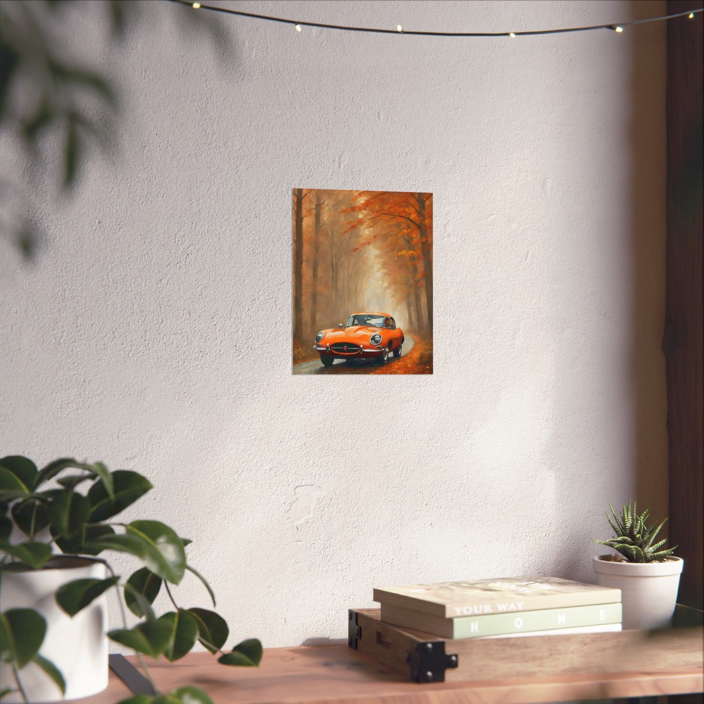 Vintage Car Autumn Matte Vertical Posters featuring a classic car in a fall forest setting