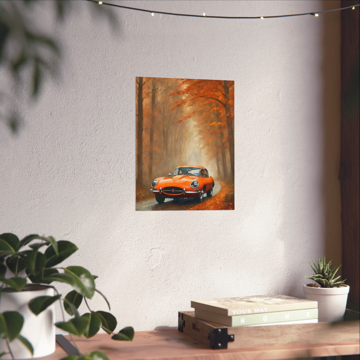Vintage Car Autumn Matte Vertical Posters featuring an orange car amidst an autumn scenery